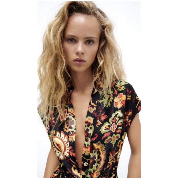 NWT Zara Printed Tunic Midi Dress Paisley Black Multicolor L - Picture 3 of 12